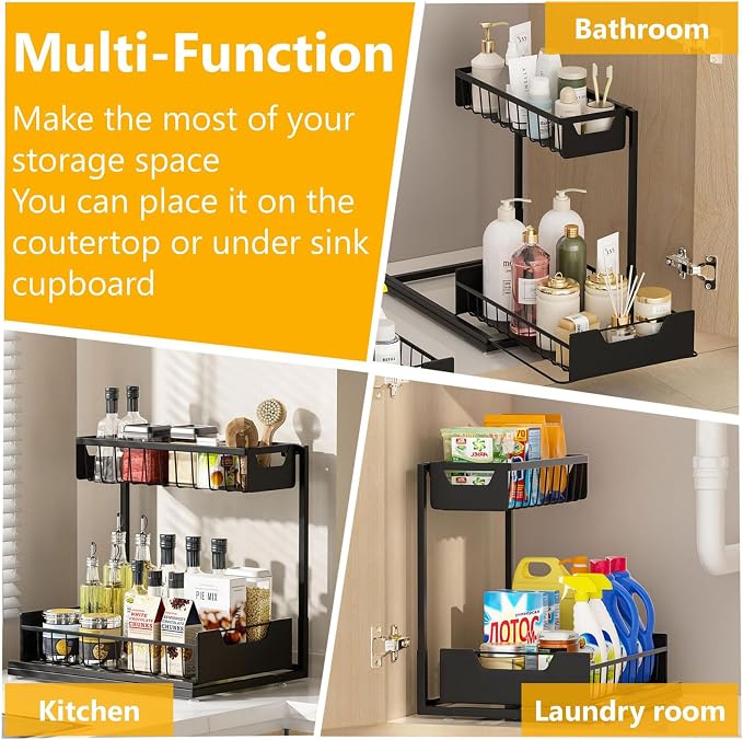 Ceetug Under Kitchen Sink Organizers and Storage, Black, 1 Pack | Slide Out Drawer, L-shape, 2 Tier, Cabinet Organizer for Kitchen Bathroom