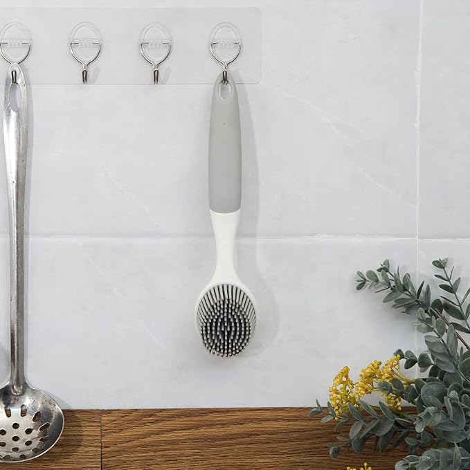 Dish Scrubber, Silicone Soft Bristles Scrub Brush with Scraper Tip, Comfortable Grip Brushes for Kitchen Sink, Pans, Pots, Skillet, Vegetable, Fruit, Potato Cleaning (White/Grey)