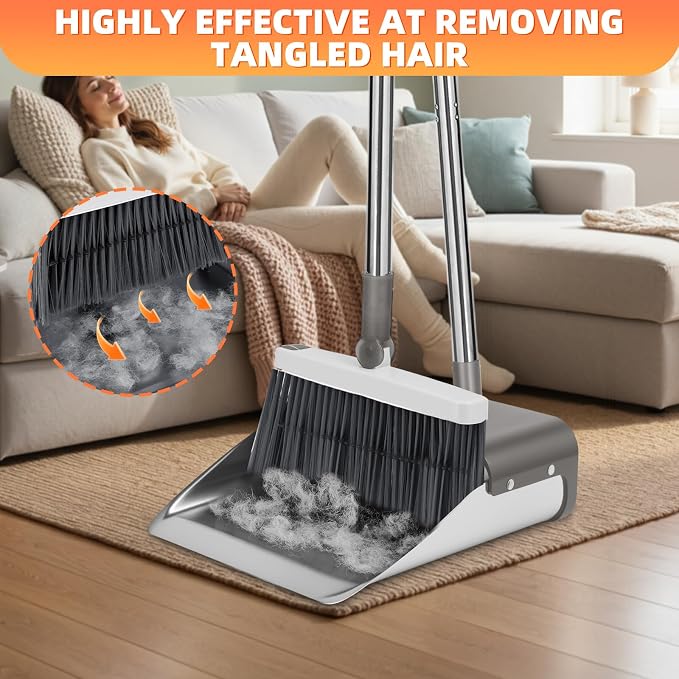 Broom with Dustpan Combo Set, Lightweight Standing Metal Dust Pan with Teeth, Home Essentials Suitable for Home Kitchen Lobby Room Office, Grey