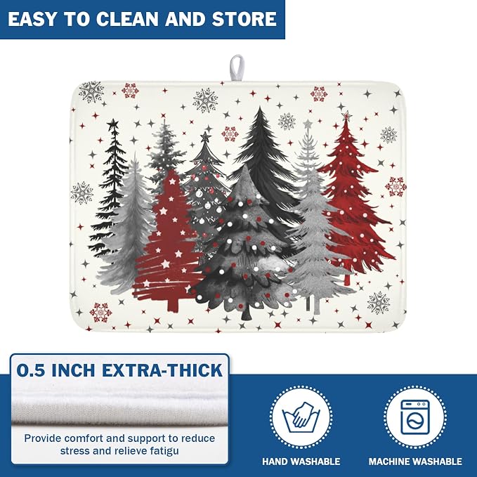 Christmas Gray Red Tree Dish Drying Mat 18x24 Inch Xmas Snowflake | Winter，Polyester，Absorbent Microfiber，for Kitchen Coffee Dining Bar Decor