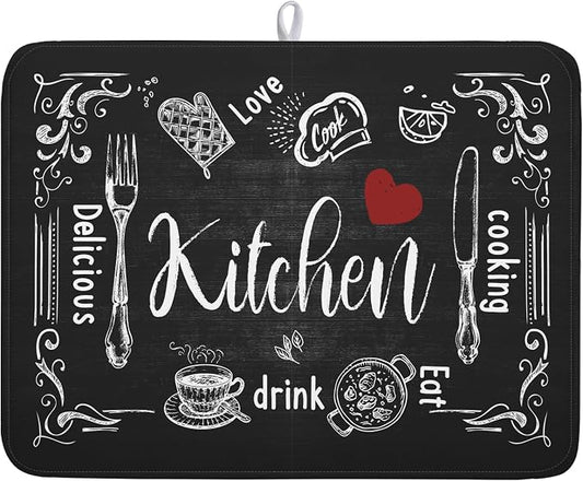 Kawani Black Coffee Bar Dish Drying Mats for Kitchen Counter 18x24 Inch, Kitchen Drying Mat, Kitchen Coffee Bar Dishes Pad Dish Drainer Rack Mats Absorbent Fast Dry Kitchen Accessories Square