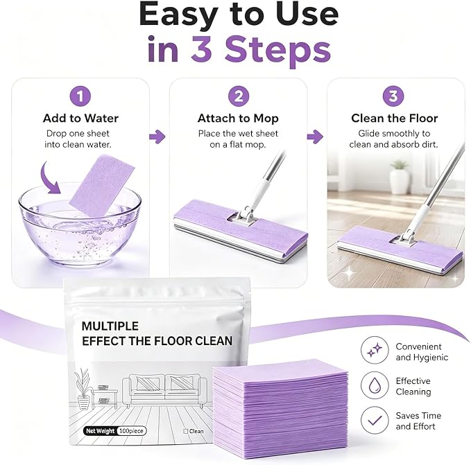 Multi-Surface Floor Cleaner Tablet, 100 Piece Upgraded Floor Cleaning Solution Tablets, for Hardwood, Tile, Laminate & More（Purple）