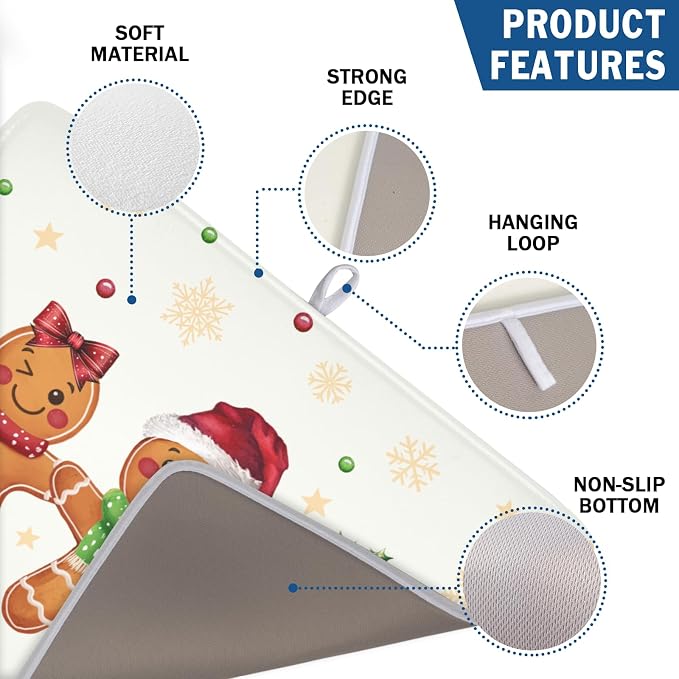 Christmas Gingerbread Man Dish Drying Mat for Kitchen Counter Xmas Gold Snowflake Dish Drainer Mat Rustic Farmhouse Winter Holiday Absorbent Washable Drying Pad 18"x24"