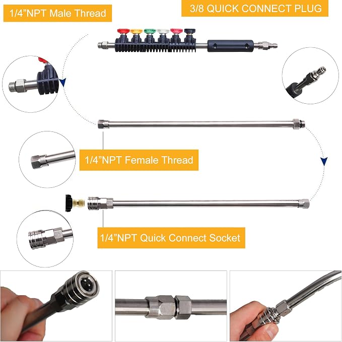 Xiny Tool Pressure Washer Extension Wand, 10 Pack Power Washer Lance with 6 Atomization Nozzle Tips,1 Gutter Cleaner Attachment Curved Rod, 1/4" Quick Connect, 4000 PSI