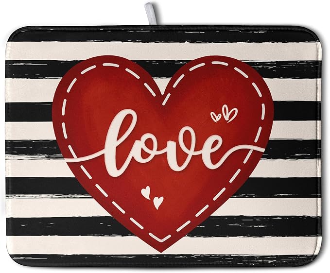 Valentine's Day Dish Drying Mat for Kitchen Counter 18x24 Black White Stripes Red Love Heart Dishes Drainer Mats Absorbent Dish Pad Large Dish Draining Mat for Coffee Bar
