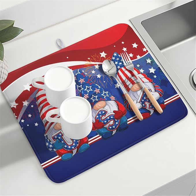 Kawani 4th of July Dish Drying Mat 18x24 Inch Spring Summer Patrioti Gnome Memorial Kitchen Mats Independece Day Absorbent Dishes Pad for Kitchen Counter Usa Stars Drying Mat Home Decor Countertops
