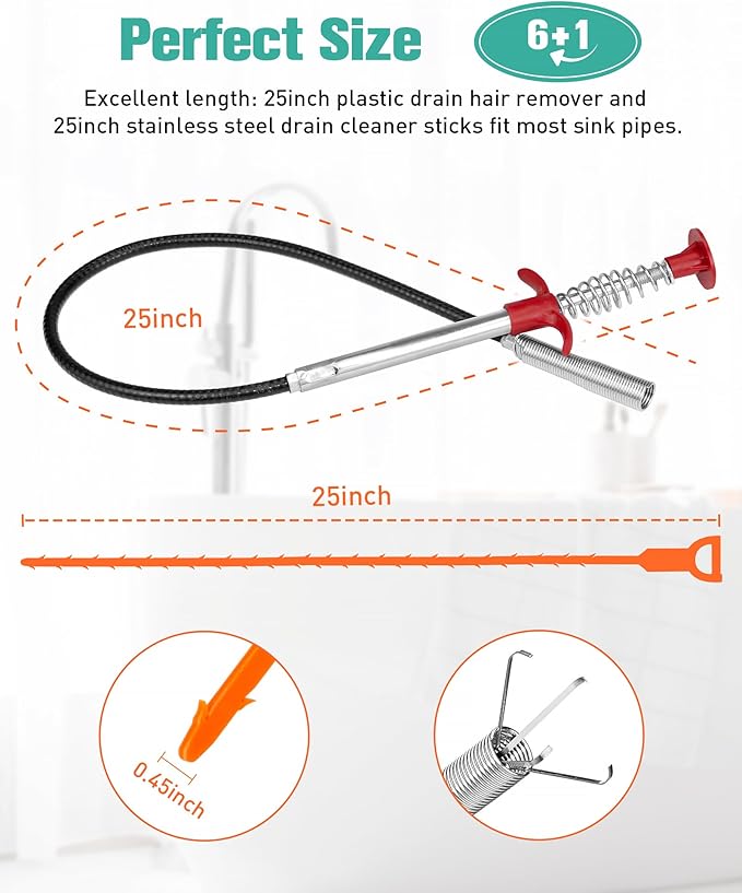 Oanie 7 Pack 25inch Drain Clog Remover Tool, Cleaner Hair Clog Remover(6pcs), Cleaner Sticks to Drain Hair Clog for Remover(1pcs), Sink Snake for Shower Kitchen Sink Bath Tub Bathroom(6+1)