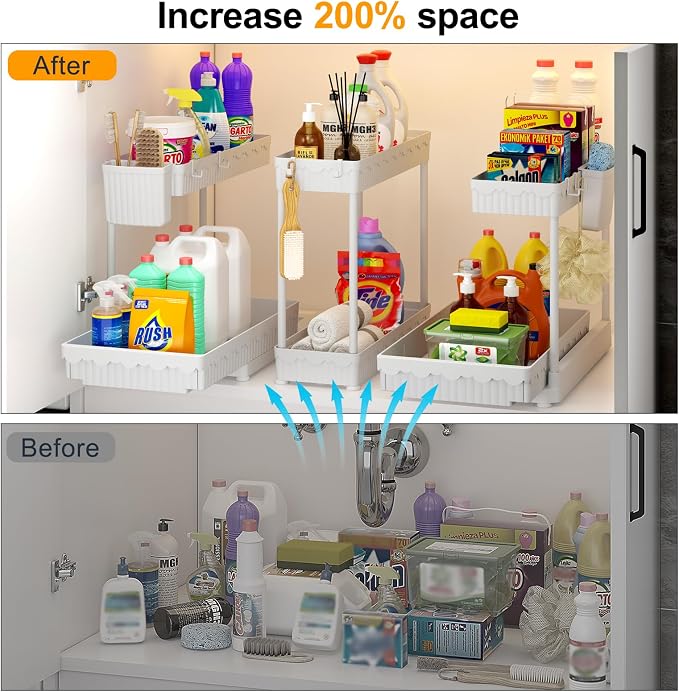 Sevenblue 3 Pack Multi-Purpose Pull-Out Storage Organizers, 2-Tier L-Shaped Under Sink/Cabinet Organizers and Storage for Bathroom & Kitchen,White,12.85 Inch