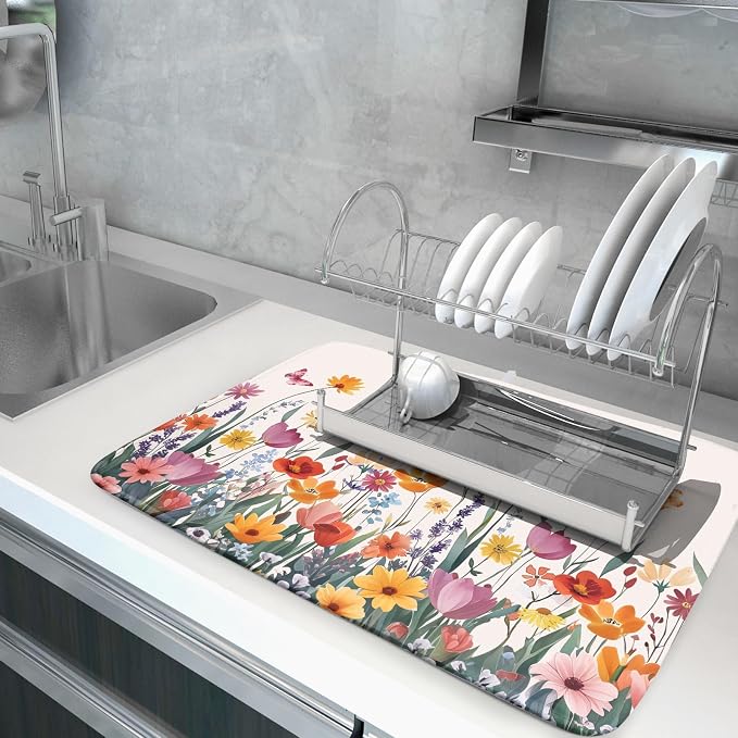 Kawani Spring Summer Flowers Dish Drying Mat for Kitchen Counter 16"x18" Colorful Floral Drying Mat Soft Absorbent Microfiber Farmhouse Fluttering Butterfly Dish Drainer Rack Mats for Counter tops