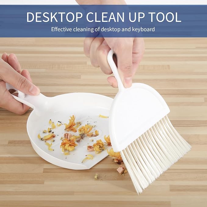 Broom with Dustpan Combo Set, 2 in 1 Broom and Dustpan Set with Long Handle, Upright 180° Rotating Broom with Brush and Lightwight Dust Pans for Home Kitchen Room Office Lobby Floor Cleaning，White