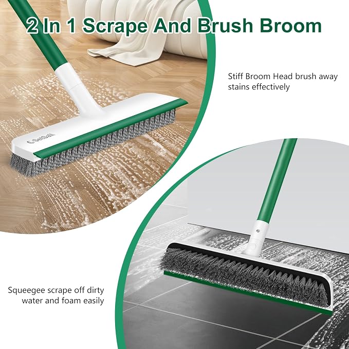 SetSail Floor Scrub Brush, Scrub Brush with Long Handle, White Green | 2 in 1 Scraper Brush Stiff Bristle Floor Scrubber for Cleaning Bathroom Shower Kitchen Garage Deck Tile Tub