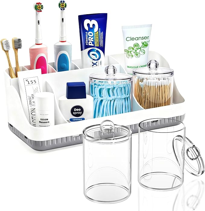 Bathroom Counter Organizer and Storage with 2 Pack Qtip Holder Dispenser, 7 Slots Detachable Toothbrush Holders for Bathrooms, Anti-Slip Electric Toothbrush and Toothpaste Holder Countertop