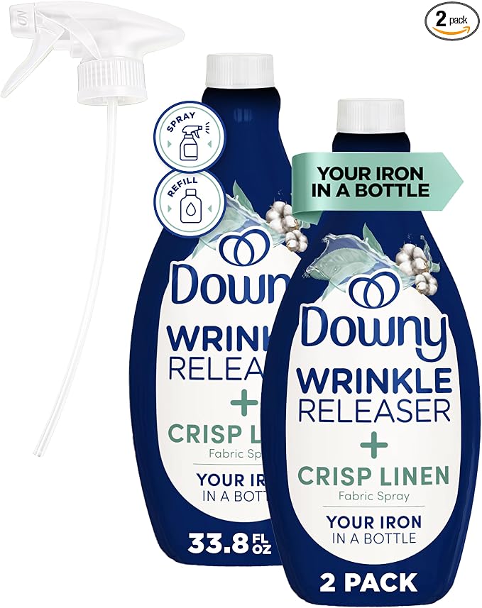 Downy Wrinkle Releaser Spray, All In One Formula, Removes Wrinkles, Static and Odor Eliminator, Crisp Linen Scent, 33.8 Fl Oz, Pack of 2 (Packaging May Vary)