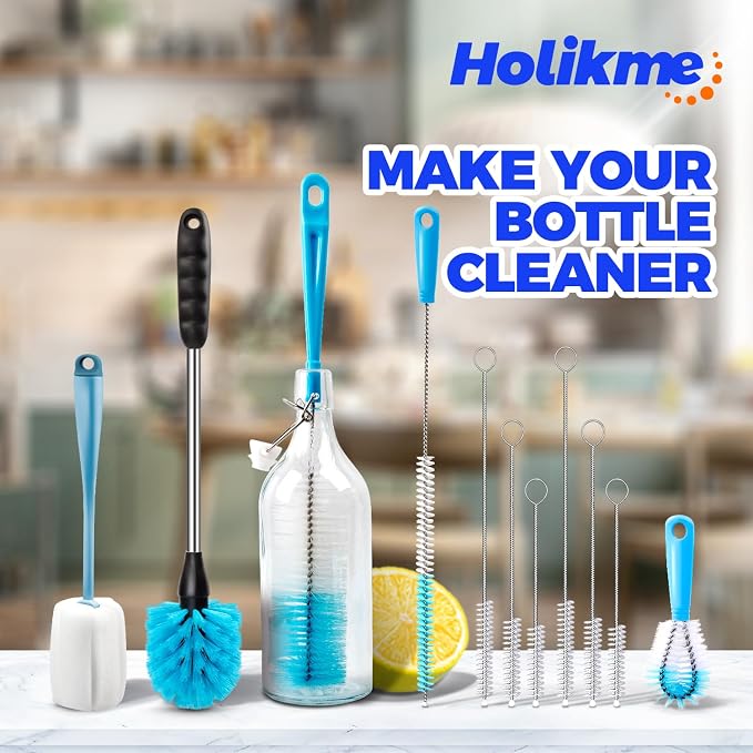Holikme Bottle Brush Tube Cleaning Lab Set with Long Handle, Cup Cleaner for Washing Narrow Neck Beer Wine Decanter Pipes Lids Sinks Cap Covers, Azul