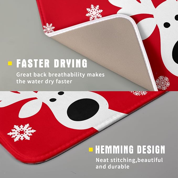 Xmas Dish Drying Mat for Kitchen Counter Cute Reindeer Holiday Snowflake Microfiber Absorbent Dish Draining Reusable Washable Foldable 16"x18"