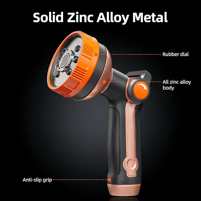 Heavy Duty Metal Hose Sprayer, 8 Patterns & Thumb Control, Orange | Rust-proof metal,8 spray patterns,Thumb-control flow,On-off valveergonomic grip,for Lawns,Plants,Cars,Pets