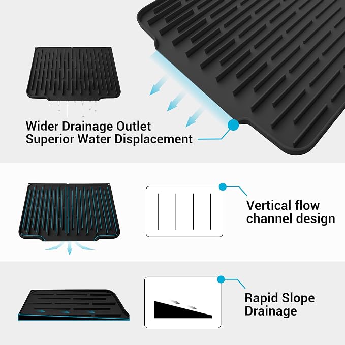 Foldable Silicone Dish Drying Mat for Kitchen Counter & Sink - Quick Dry, Space Saving, Non-Slip Pad for Small Apartments & Coffee Bar Black