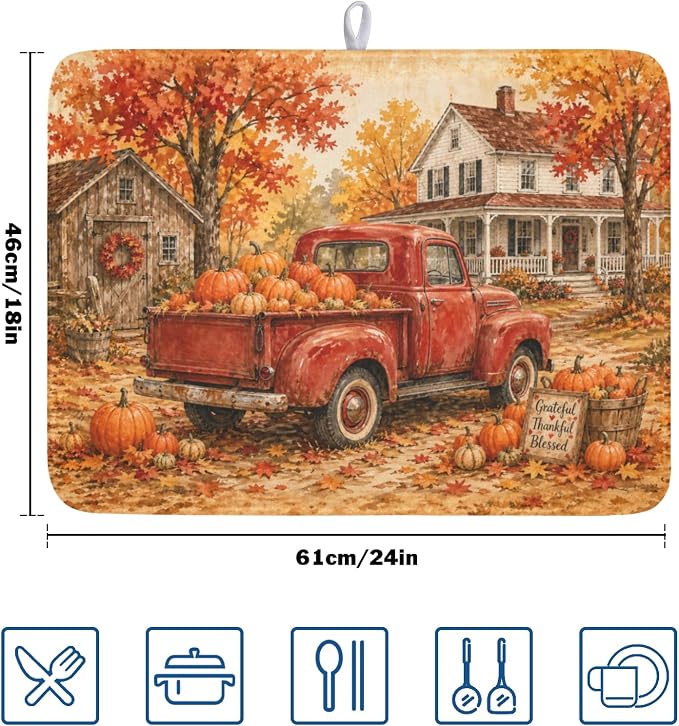 Fall Pumpkin Dish Drying Mat for Kitchen Counter Thanksgiving Autumn Harvest Pattern Microfiber Dish Drainer Mat Vintage Rustic Farmhouse Absorbent Washable Drying Pad 18"x24"