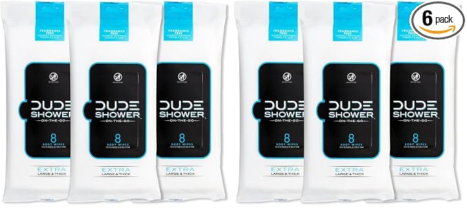 DUDE Wipes Fragrance Free On-The-Go Shower Wipes - Extra-Large and Thick Cleansing Body-Wipes for Travel - Infused with Vitamin E and Aloe, 8 Count (Pack of 6)