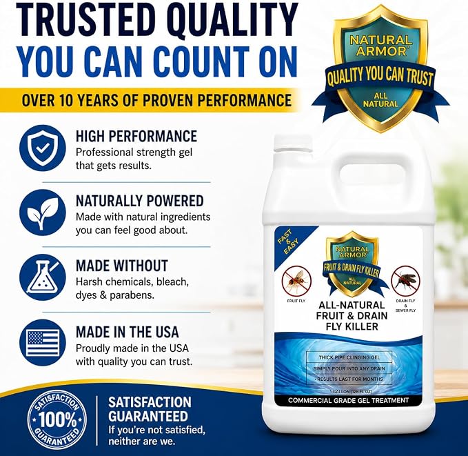 Natural Armor Drain Fly & Fruit Fly Killer (128 Oz, Case of 4) | Commercial Drain Treatment for Indoor Drains - Eliminates Drain Flies, Fruit Flies, Gnats & Sewer Flies - Septic Safe