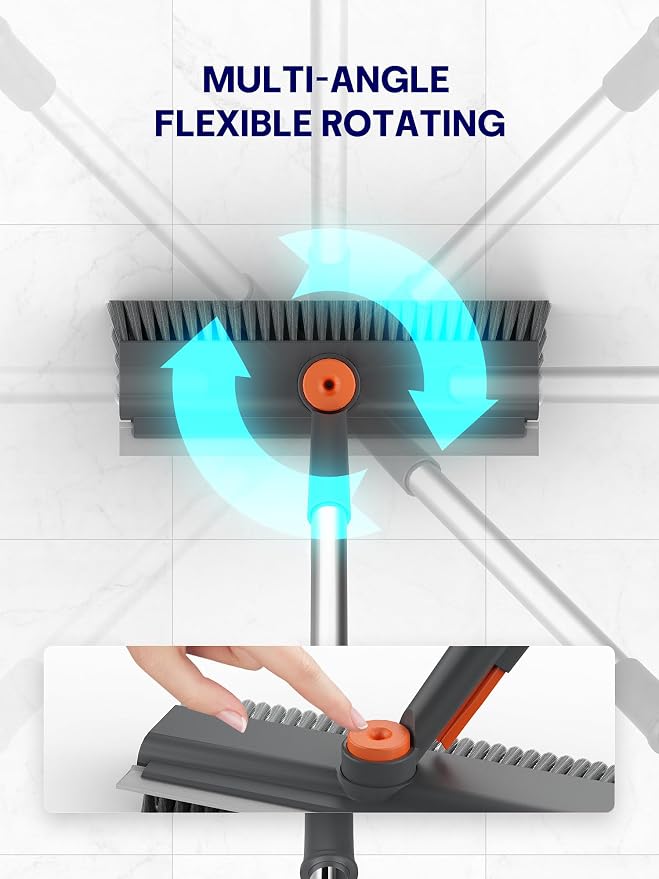 Floor Scrub Brush with Long Handle & Squeegee, 3 in 1 Floor Scrubber | Stiff Dual-side Bristle, 360° Swivel Head with Tweezer, for Cleaning Tile Wall Deck Bathroom Patio Garage Pool Kitchen (Gray)