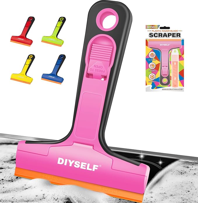 DIYSELF Plastic Scraper Tool with 5 Pcs 4-Inch Razor Blades for Windows | Replaceable Plastic Blades, Sticker Remover Tool for Glass, Labels, Adhesive, Cooktops & Tile, Crafts, DIY Users, Pink