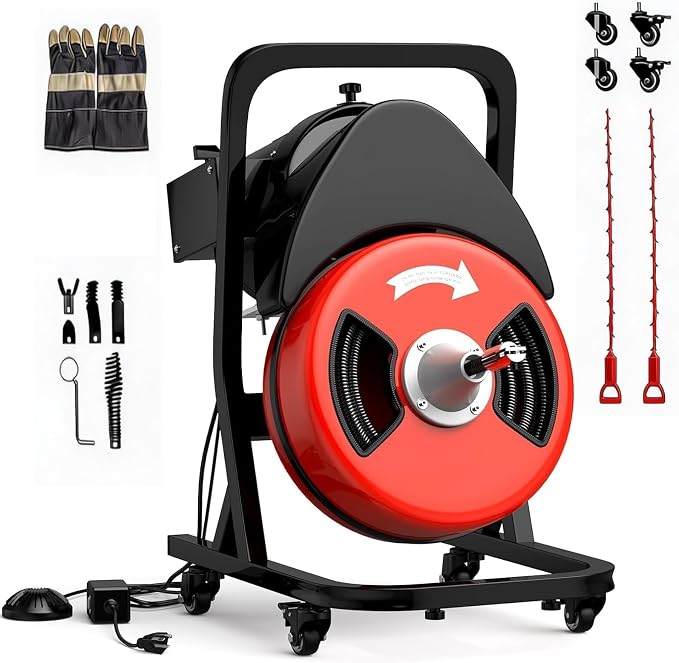 50FTx1/2 Inch Drain Cleaner Machine with Wheels, Sewer Snake Drain for 2" to 4" Pipes, Plumbing Snake Auger Cleaner with 6 Cutter & Foot Switch for Sewer, Sink, Toilet, Bathroom