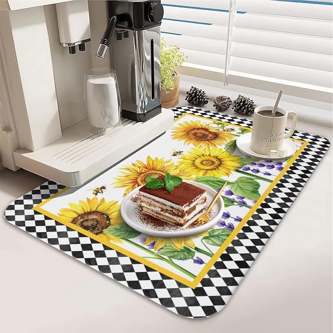 Dish Drying Mat 2-Pack in Sunflower Bee for Kitchen Counter Dishes Mat | Diatom Mud Mats (18x24, 19.5x12"). Non-slip rubber back for kitchen counter, coffee bar & sink scenes