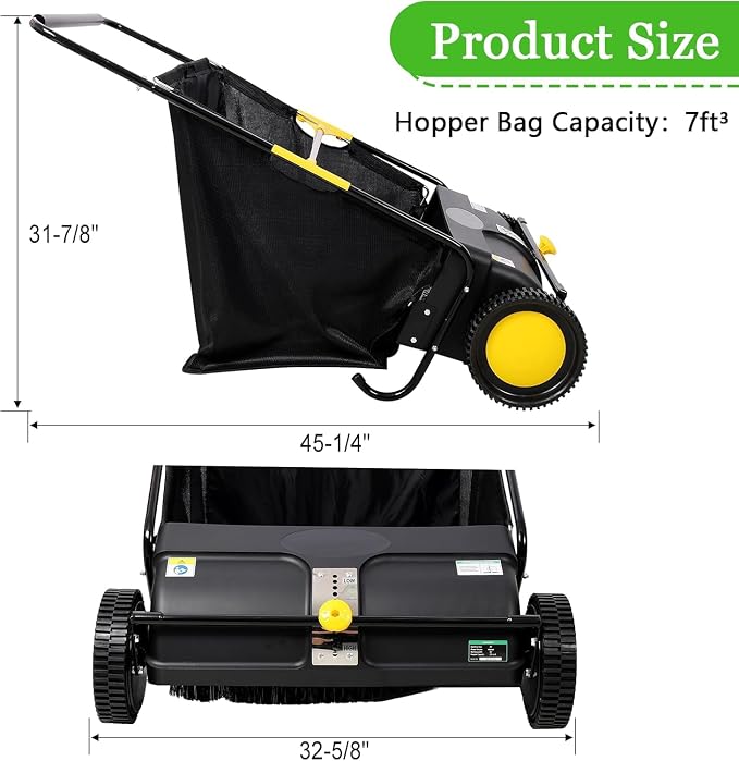 26" Hand-Push Lawn Sweeper | 4 Heavy-Duty Brushes & Wheels, Adjustable Height, 3.5 FT Large Hopper | for Efficient Leaf and Grass Collection in Lawns, Yards, Gardens (Black+26 Inch)