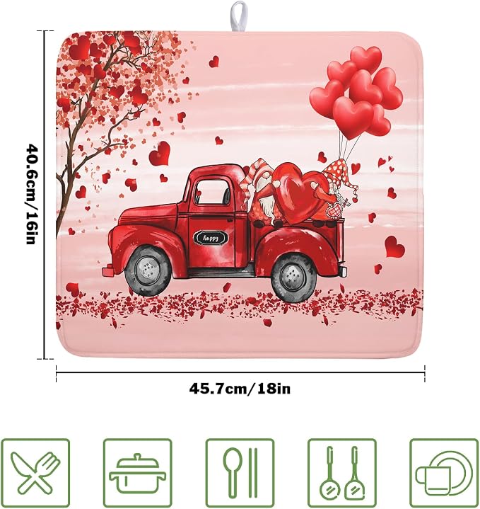 Valentine's Love Truck Dish Drying Mat, Valentine Red Gnomes Dish Drying Mat for Kitchen Counter, Valentine's Day Absorbent Fast Dry Dish Drainer Mat Protector Microfiber Dish Drying Pad 16"x18"