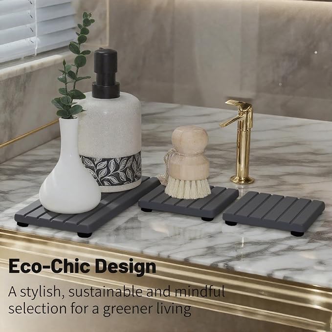 3PCS Stone Drying Tray, Stone Soap Tray, Water Absorbing Stones Trays for Sink, Fast Dry Diatomite Stones Sink Mat, Used for Hand Soap,Sponge,Toothbrush Holder in Bathroom Counter and Kitchen Sinks