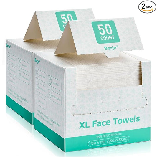 Borje Face Towels XL, Disposable Face Towel 10" x 12", 100 Count (2 Packs of 50), 100% USDA Biobased Facial Towelettes, Ultra Soft & Hygienic Makeup Remover Dry Wipes for Women Cleansing
