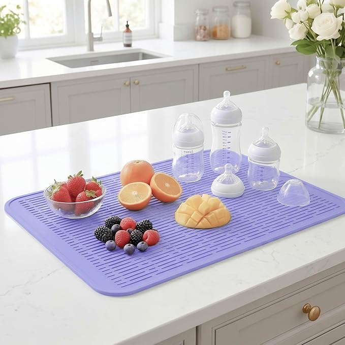 MicoYang Silicone Dish Drying Mat for Multiple Usage,Easy clean,Eco-friendly,Heat-resistant Silicone Mat for Kitchen Counter or Sink,Refrigerator or Drawer Liner Light Purple 3XL 28 inches x 18 inches