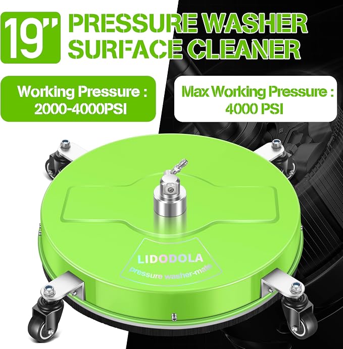 LidoDola 19'' Pressure Washer Surface Cleaner Green, Power Washer Accessory | Stainless Steel Housing with 4 Wheels, 1/4" QC, 2 Extension Wands & 2 Replacement Nozzles, for Gas & Electric Pressure Washer