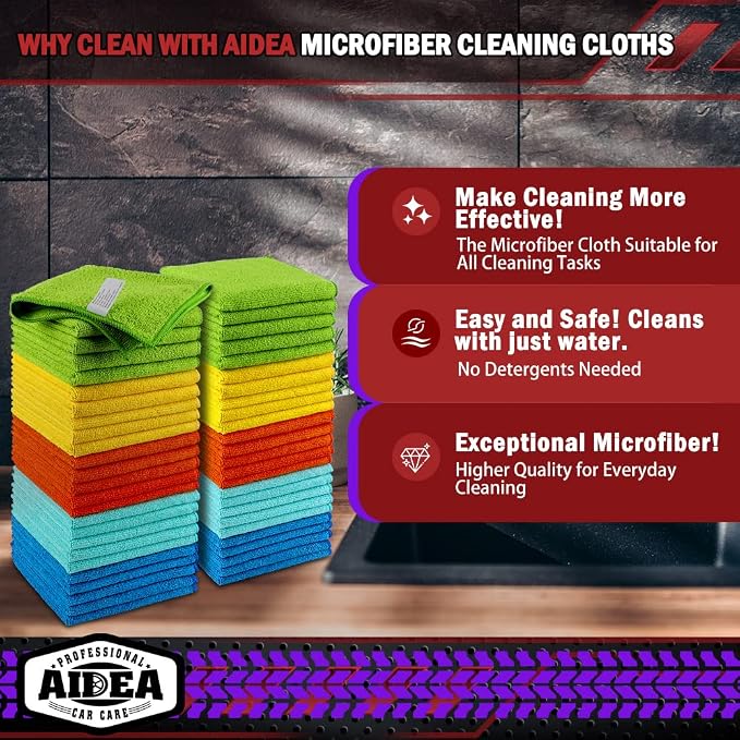 AIDEA Microfiber Cleaning Cloth, 200PK, Microfiber Towels for Cars, Shop Towels Cleaning Rags, Premium Wash Cloths, Absorbent Towel for SUVs, House, Kitchen, Window, Cleaning Supplies 12×12"