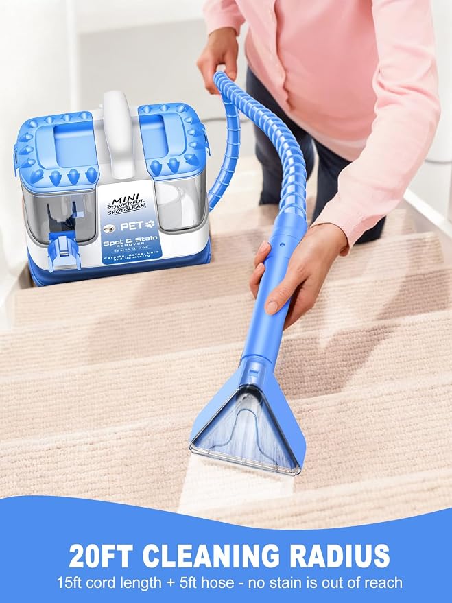 Portable Carpet & Upholstery Cleaner Machine for Pets, Spot, Stain, Couch Cleaner Machine with Powerful Suction and and Cleaning Solution, Car/Auto Detailer, Lightweight Compact Design, Blue