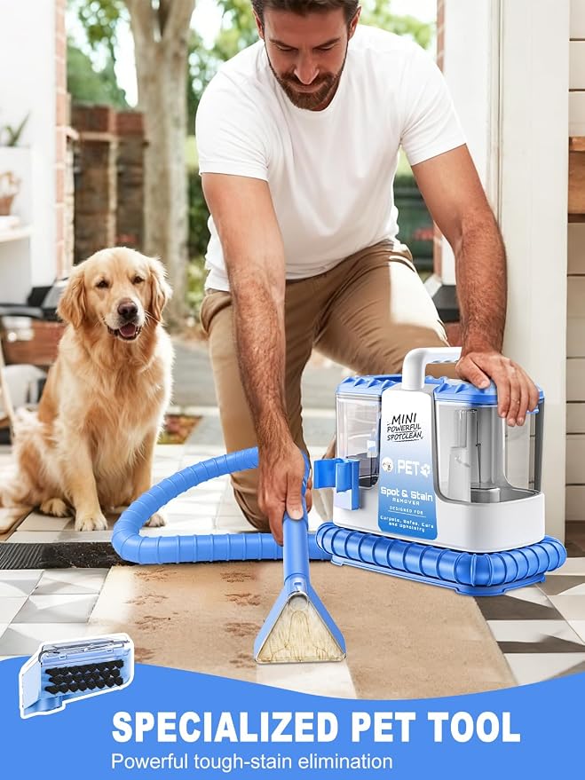 Portable Carpet & Upholstery Cleaner Machine for Pets, Spot, Stain, Couch Cleaner Machine with Powerful Suction and and Cleaning Solution, Car/Auto Detailer, Lightweight Compact Design, Blue