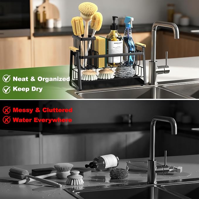 Housolution Sink Caddy Organizer, 2-Tier Sponge Holder for Kitchen Sink with Flexible High Brush Holder, Kitchen Countertop Storage Accessories, Soap Dispenser Organizer, Rustproof