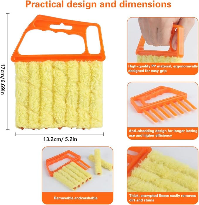 4 Pcs Window Venetian Blind Cleaner Duster Tool Set with 7 Fingers | Washable Microfiber for AC vents, Car Vents, Fans, Louvers. Reusable Design. Includes 4 Extra Cover