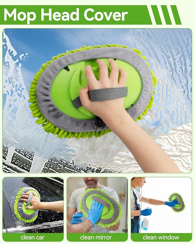 62’’ Car Wash Brush Kit with 2 Replacement Head Covers, Microfiber Car Washing Kit with Long Handle, Car Wash Mop for Cars RV Truck Exterior