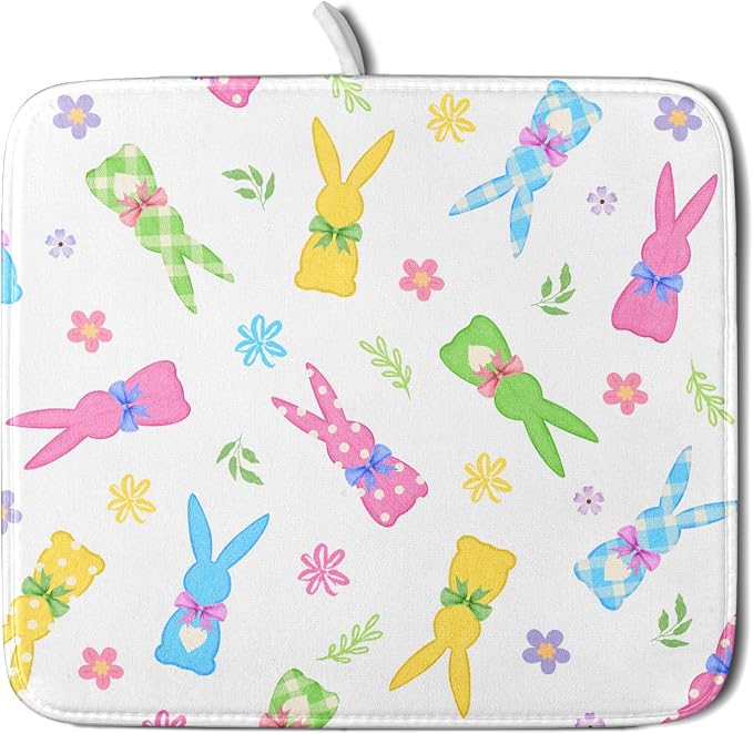 Easter Dish Drying Mat for Kitchen Counter Cute Bunny Floral Holiday Microfiber Absorbent Dish Draining Reusable Washable Foldable 16"x18"