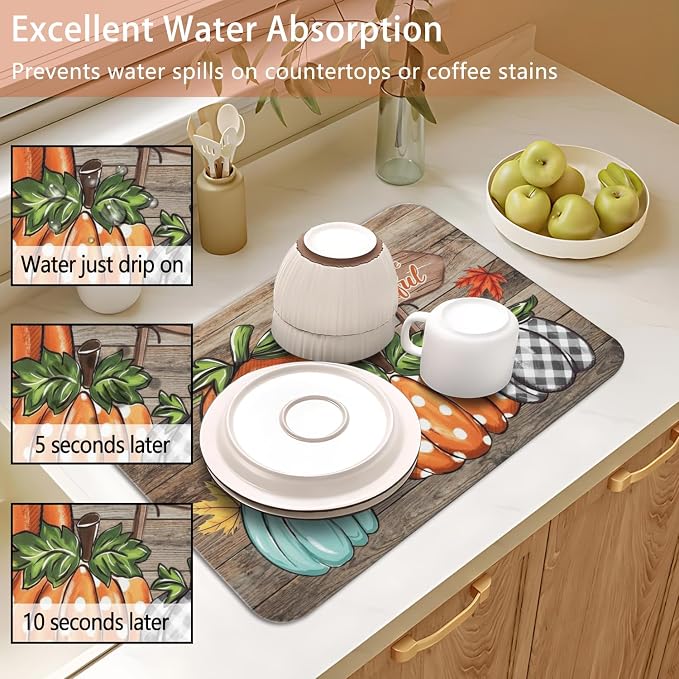 Fall Dish Drying Mat 2-Pack in Pumpkin for Kitchen Counter Dishes Mat | Diatom Mud Mats (18x24, 19.5x12"). Non-slip rubber back for kitchen counter, coffee bar & sink scenes