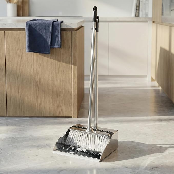 Soft Bristle Broom & Stainless Dustpan Set, Silver, Tile/Wood/Composite