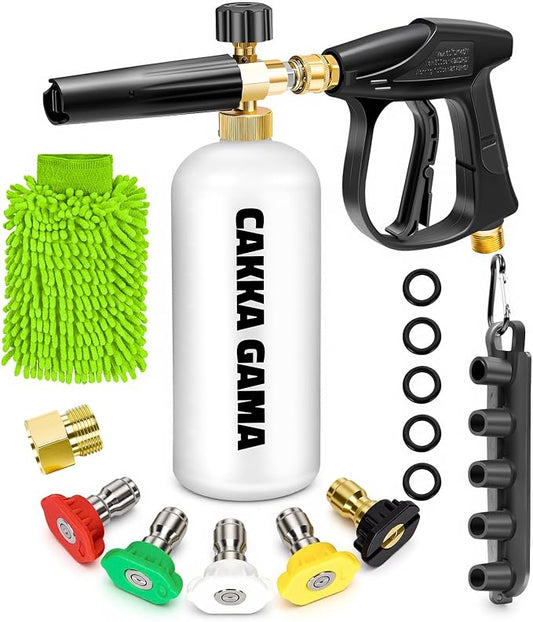 Pressure Washer Gun with Foam Cannon, Industrial Car Wash Foam Gun Kit 1/4 Quick Connector, Adjustable Soap Cannon with 5 Pressure Washer Nozzle Tips, Adapter, 1 Liter