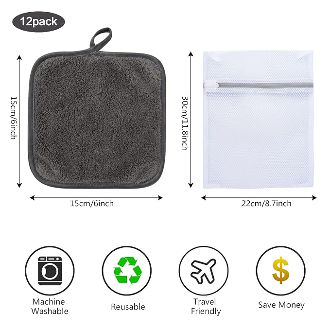 SINLAND Makeup Remover Cloth Reusable Microfiber Face Cloth for Washing Face Makeup Remover Towels Soft Face Washcloth with Mesh Bag 12 Pack 6" x 6"