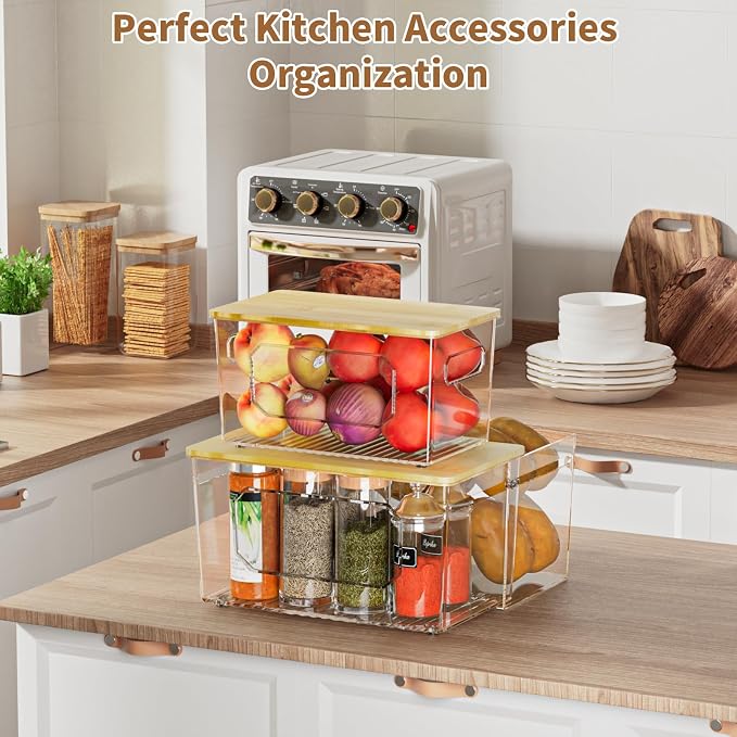 Trash Bag Holder 3-in-1 Under Sink Organizer, Acrylic Trash Bag Dispenser with Bamboo Lid and Pull-Out Basket for Cleaning Supplies, Space Saving Garbage Bag Holder for Kitchen Laundry Room Storage