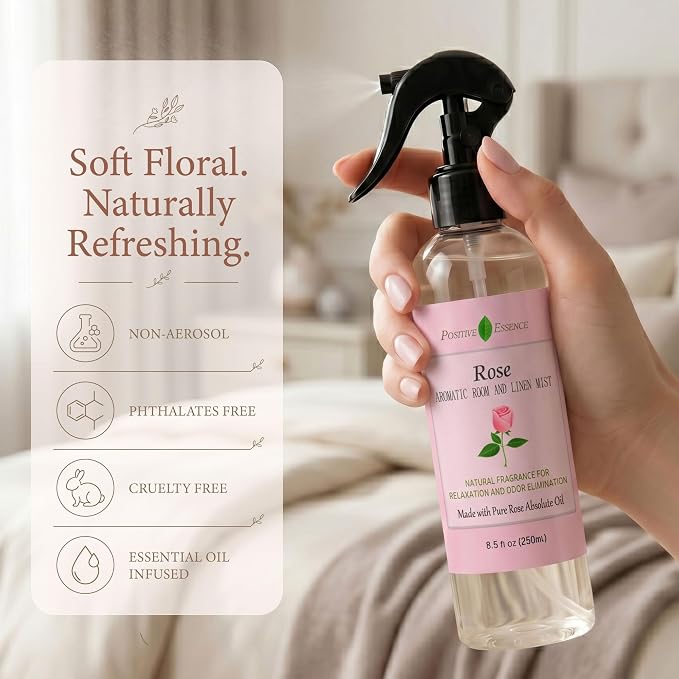 Rose Linen and Room Spray – Natural Pillow Mist with Pure Essential Oil, Calming Floral Home Fragrance, Rose Water Spray, Bathroom Freshener, Fabric and Air Spray – 8.5 fl oz