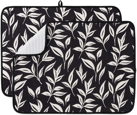 FRESHMINT Printed Dish Drying Mats for Kitchen Counter 2 Pack Absorbent Reversible Drying Mats Microfiber Kitchen Countertop Protector Dishes Drying Pad Extra Large 18"x24" Dish Mat