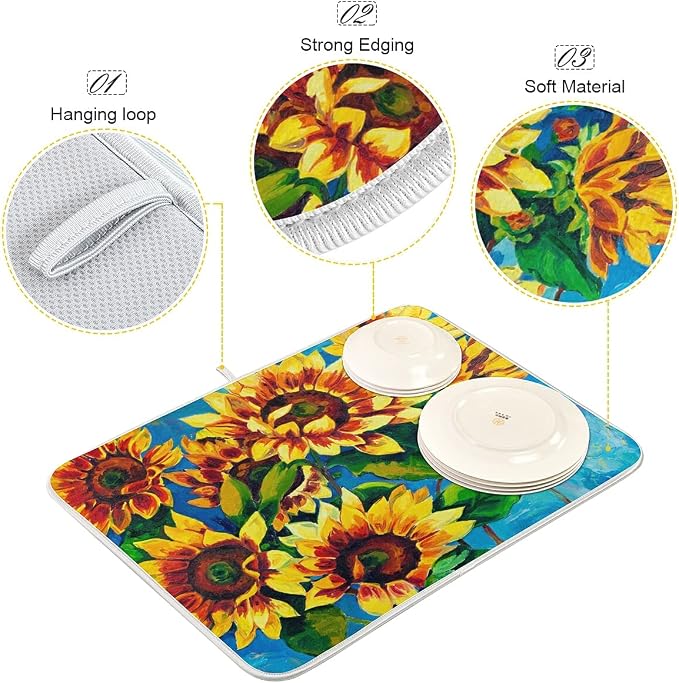 Super Absorbent Dish Drying Mat, Microfiber Fast-Drying Dish Mat, 24" x 18", Kitchen Dish Drying Pad, Sunflowers