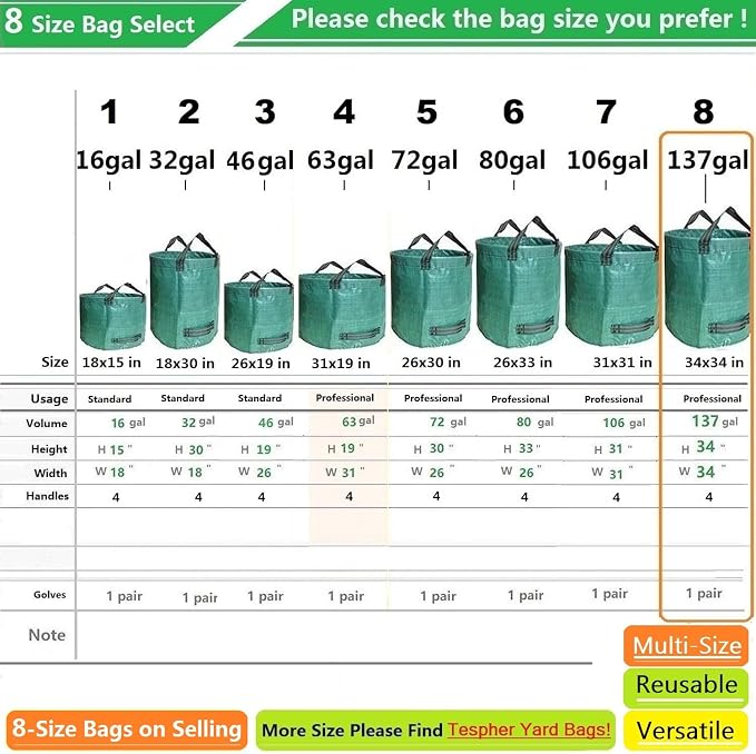 Professional 3-Pack 137 Gallon Extra Large Lawn Garden Bags (D34,H34 in) Reusable Yard Waste Bags with Gardening Gloves for Big Leaf Bag,Lawn Weeds,Grass Clippings Bag,Yard Debris Containers 4 Handles